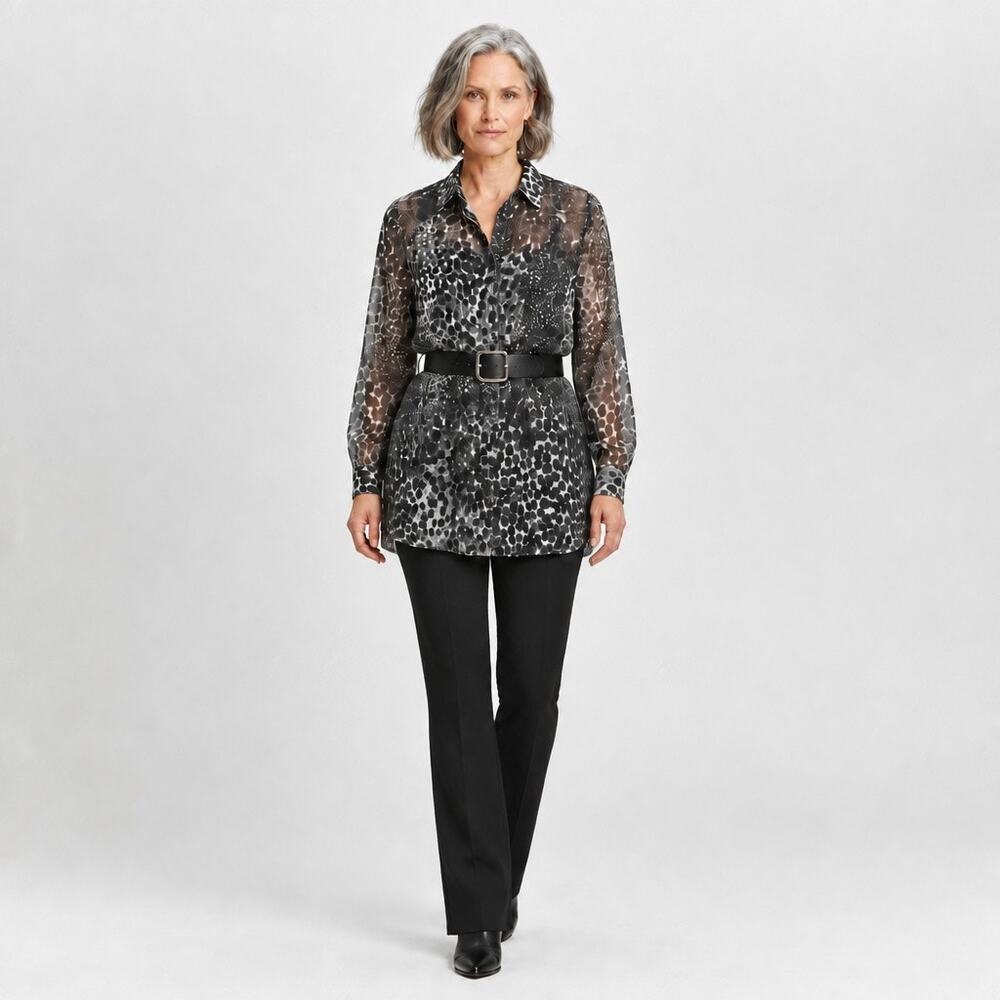 NWT Cabi Black & White Spotted Animal Print Sheer Button-Up Blouse Top #145 S